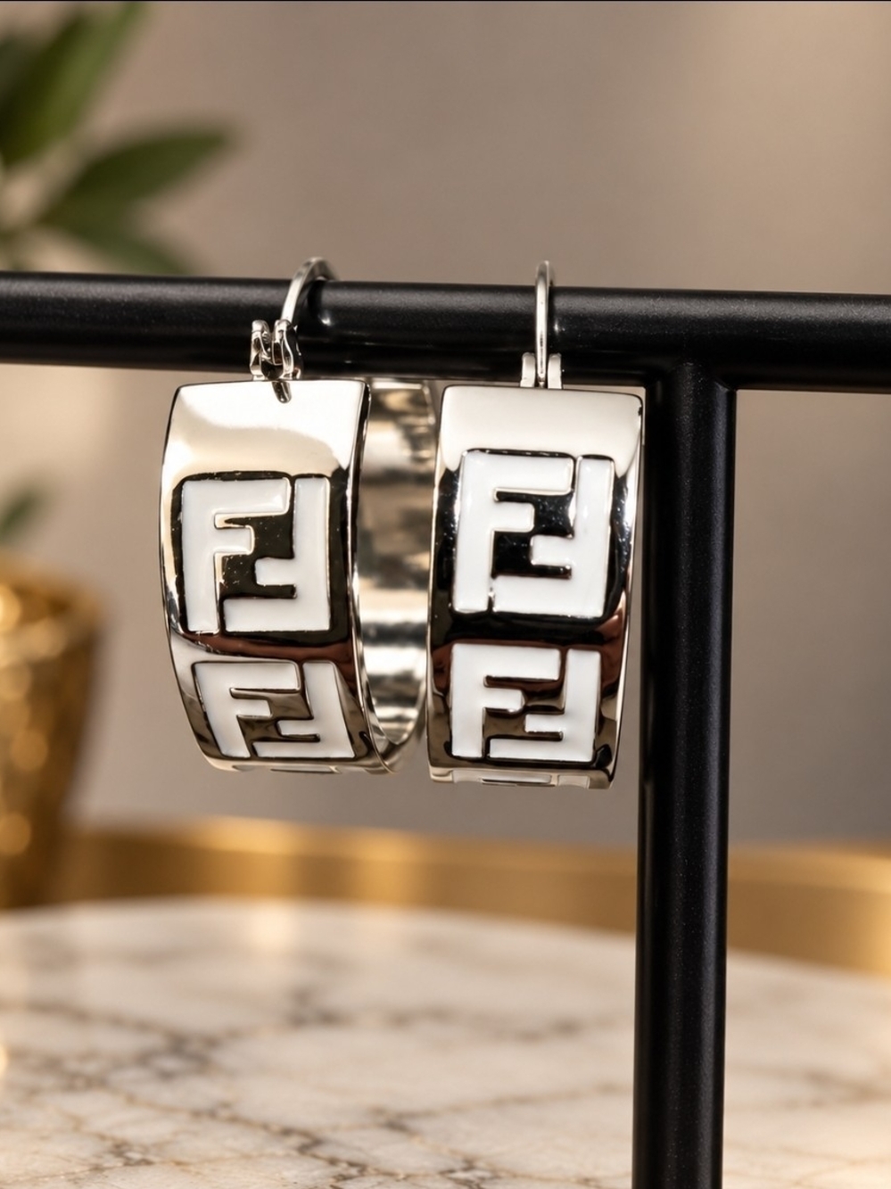 1"- Silver and White Logo Hoop Earrings - High Quality